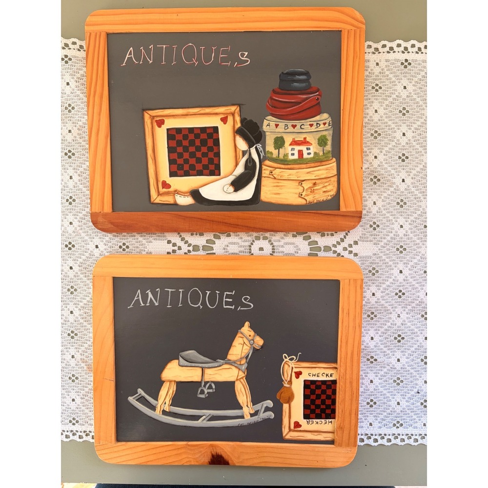 Vintage Pat Hecker Signed Folk Art Slate Plaques Set 2 Antiques Rocking Horse 94 - Picture 2 of 3